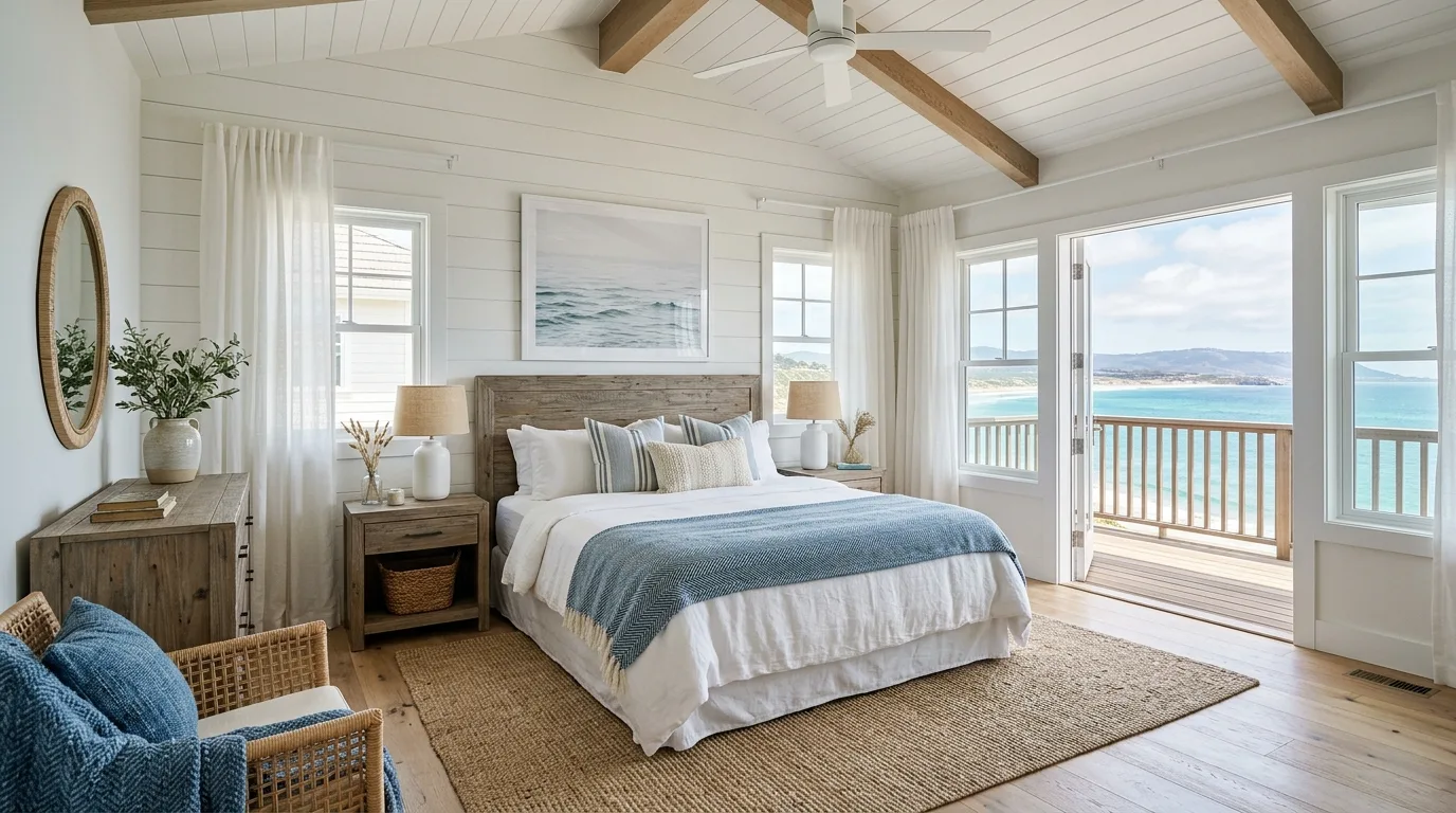 Relaxing coastal bedroom designed as a serene beachy retreat.